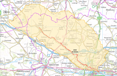 A Map view of the River Lambourn SAC A map with the River Lambourn SAC marked in yellow.