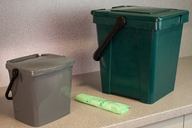 Food waste caddies and bags A indoor and outdoor food waste caddy on a kitchen worktop, next to a roll of compostable bags.