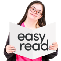Girl holding book with the words easy read on the cover.