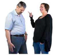 A person pointing and laughing at another person.