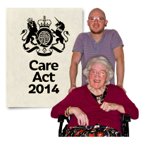 A person standing next to an old person in a wheelchair with an image of the Care Act.