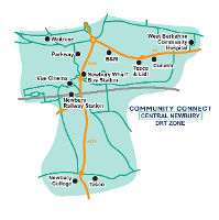 Map showing central Newbury DRT zone for Community Connect. 