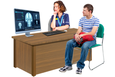 A man sat in a doctors office with the doctor. The doctor is showing him her computer screen.