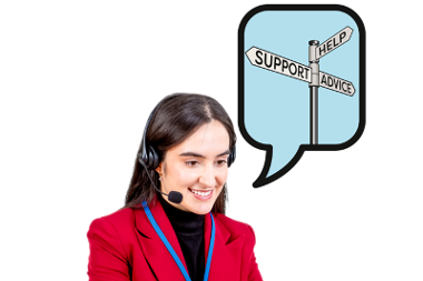A woman with a telephone headset on. Above her is a signpost that has signs for help, support and advice.