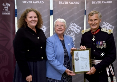 Councillor Steevenson and Carolyn Richardson with the Lord Lieutenant of Hampshire at an event for the Silver Employer Recognition Scheme award winners. Photo Credit: Kevin Poolman Photography.